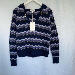 Heartloom NWT Navy & Yellow V-Neck  Hooded Chevron Sweater Beachy Boho
